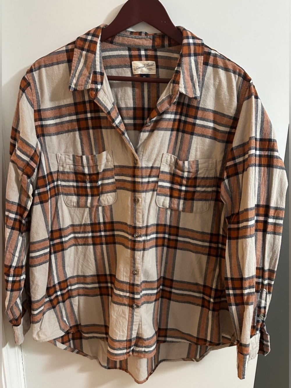 Women’s Universal Thread Beige and Orange Flannel Plaid Button-Down Shirt XXL